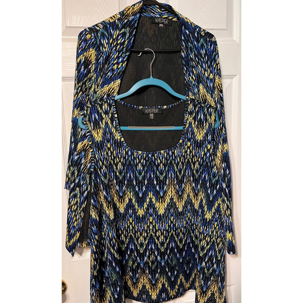 Kasper Womens 2X/3X Blue Yellow Chevron Ikat 2-Piece Cardigan & Tank Top Set
